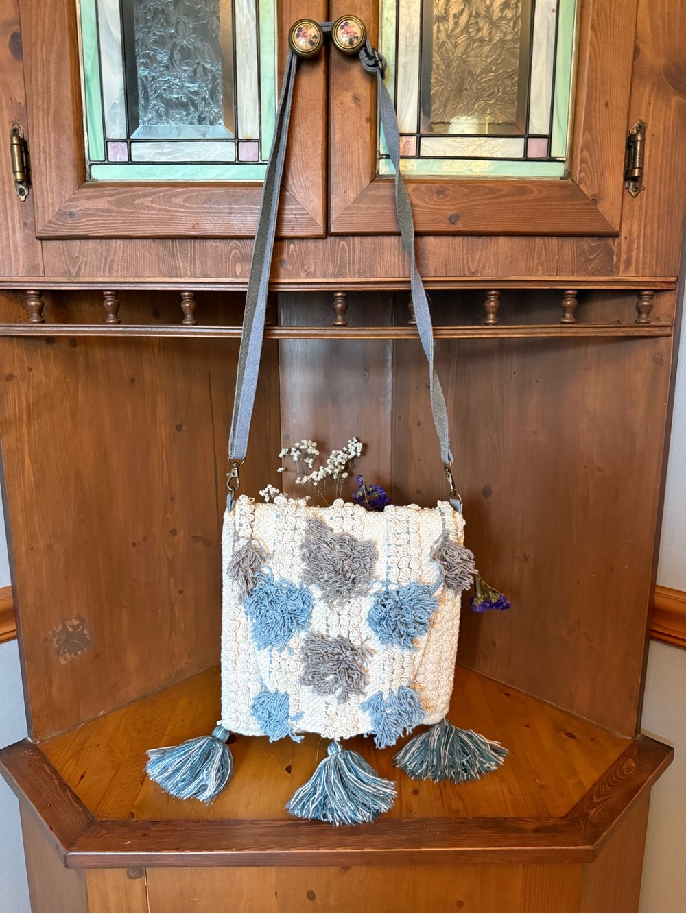 Chloe and Lex Chloe Square Boho Tassel Crossbody Bag - Cream and Light Blue